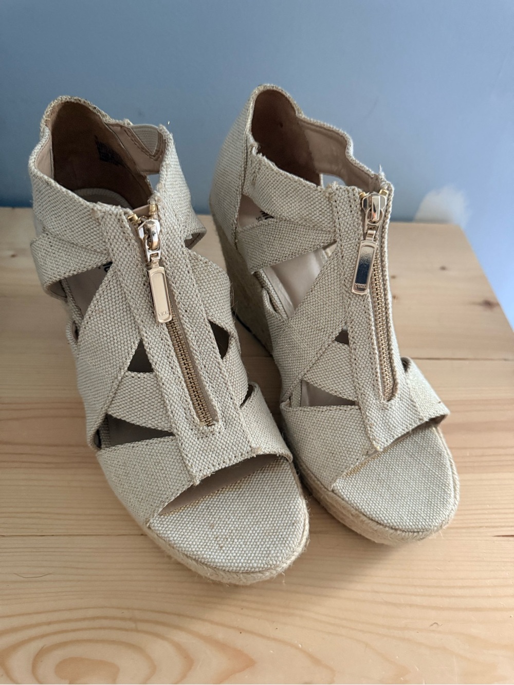 Mossimo Supply Co. Natural Beige Canvas Wedge Sandals with Front Zip